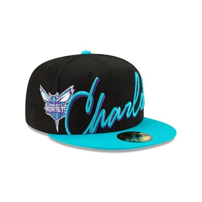 Charlotte Hornets Gorra | New Era NBA Cursive 59fifty Fitted Cap Mexico - Negros